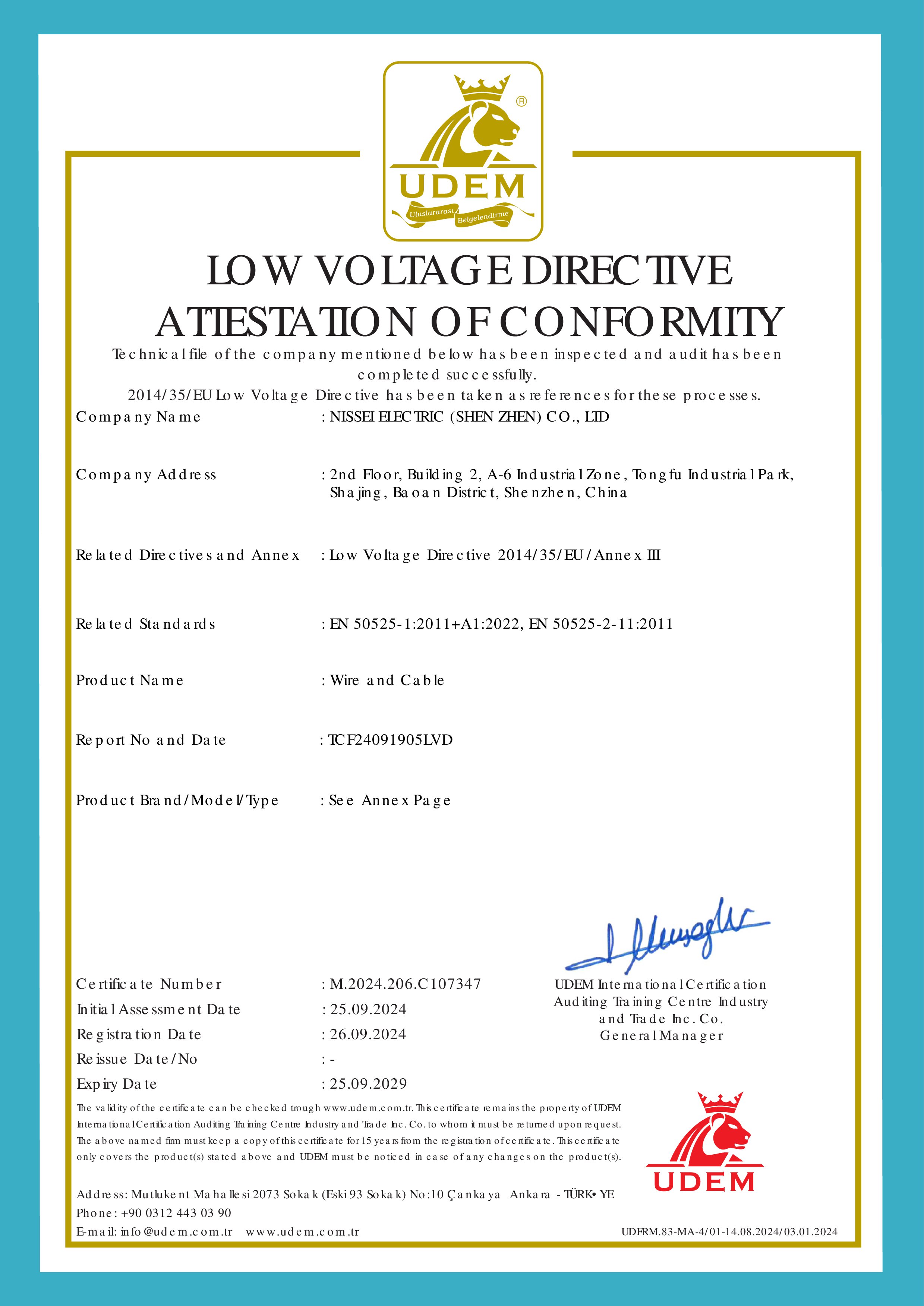LOW VOLAGE DIRECTVEATESTATON OF CONFORMIY