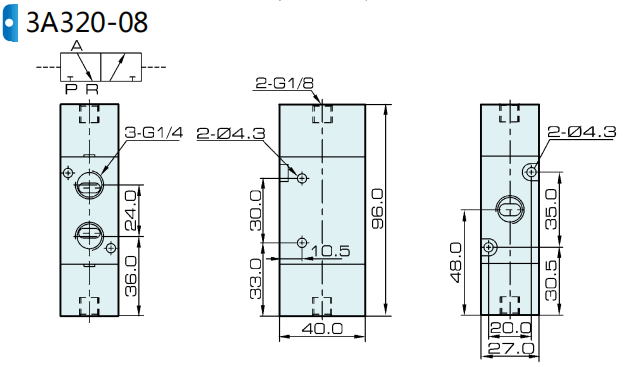 3A320-08 Airtac 유형 공압 공기 파일럿 방향 밸브 3/2 Way 0