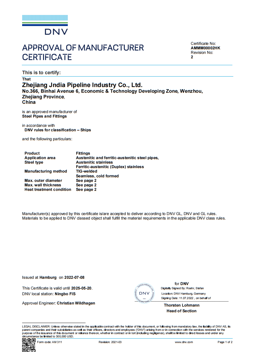 Approval of Manufacturer Certiﬁcate-Steel Pipes and Fittings 