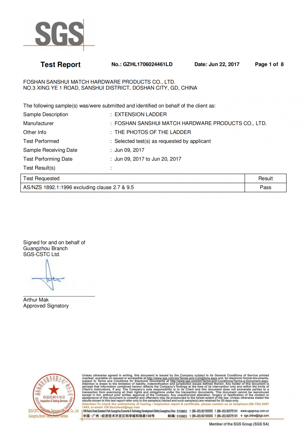 SGS Test Peport For EXTENSION LADDER