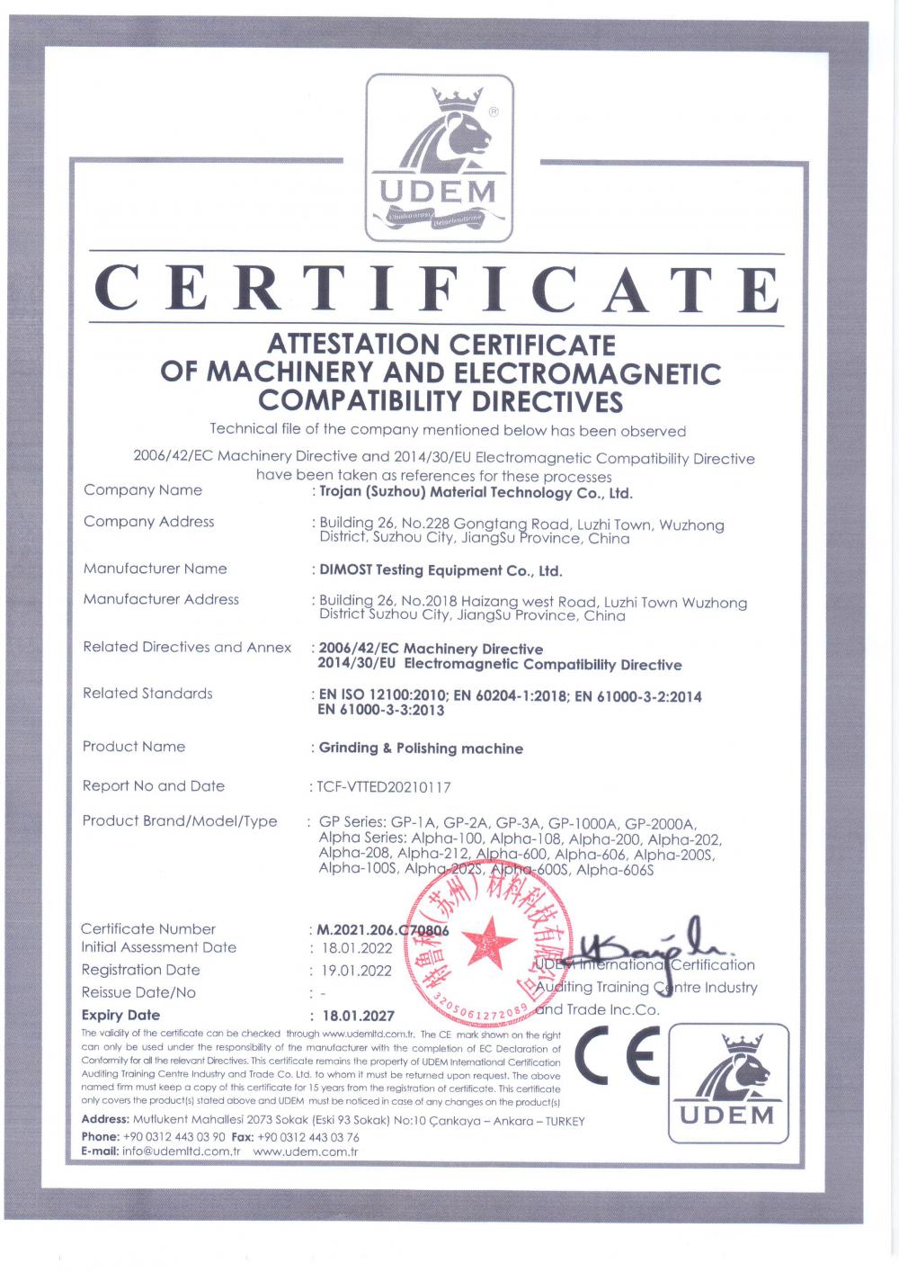 ATTESATION CERTIFICATE OF MACHINERY AND ELECTROMAGNETIC COMPATIBILITY DIRECTIVES