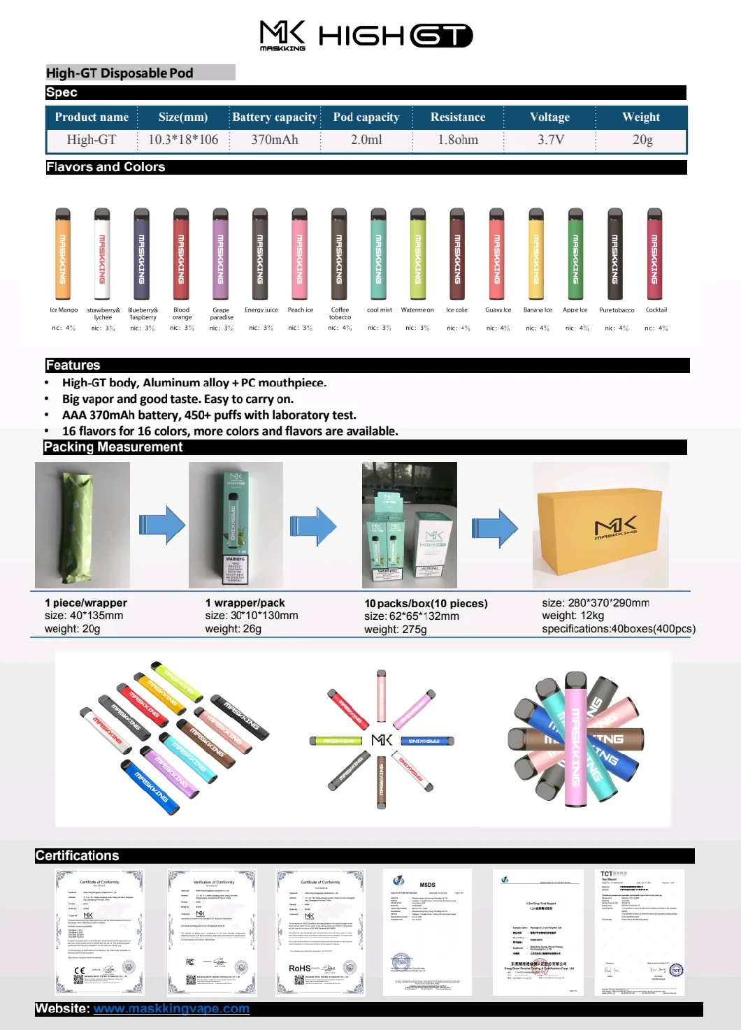 Maskking Vente Chaude Vape Jetable High Gt