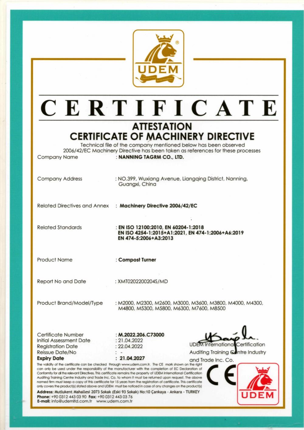 ATTESTATION CERTIFICATE OF MACHINERY DIRECTIVE