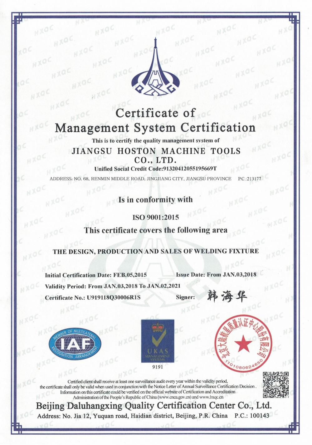 Certificate of Management System Certification