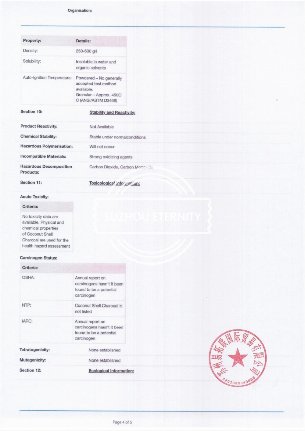 Material Safe Data Sheet of Coconut Shell Charcoal