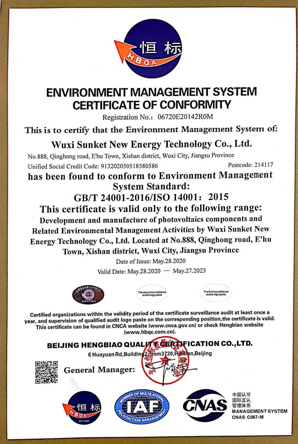 ENVIRONMENT MANAGEMENT SYSTEM CERTIFICATE OF CONFORMITY