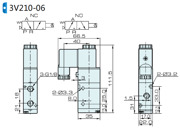 3V210-06 AIRTACタイプ3ポート空気圧ソレノイドバルブ1/8 '' 12ボルト0