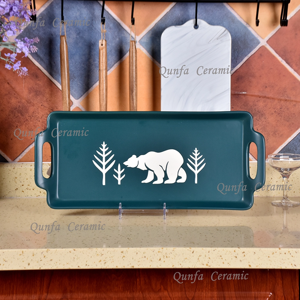 Thème environnemental conception d'ours de forêt plat de cuisson rectangulaire en céramique résistant à la chaleur en porcelaine micro-ondes