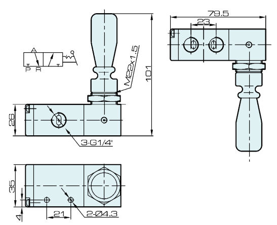 TSV9832-02M Válvula de controle manual pneumático tipo Shako 3/2 vias 1