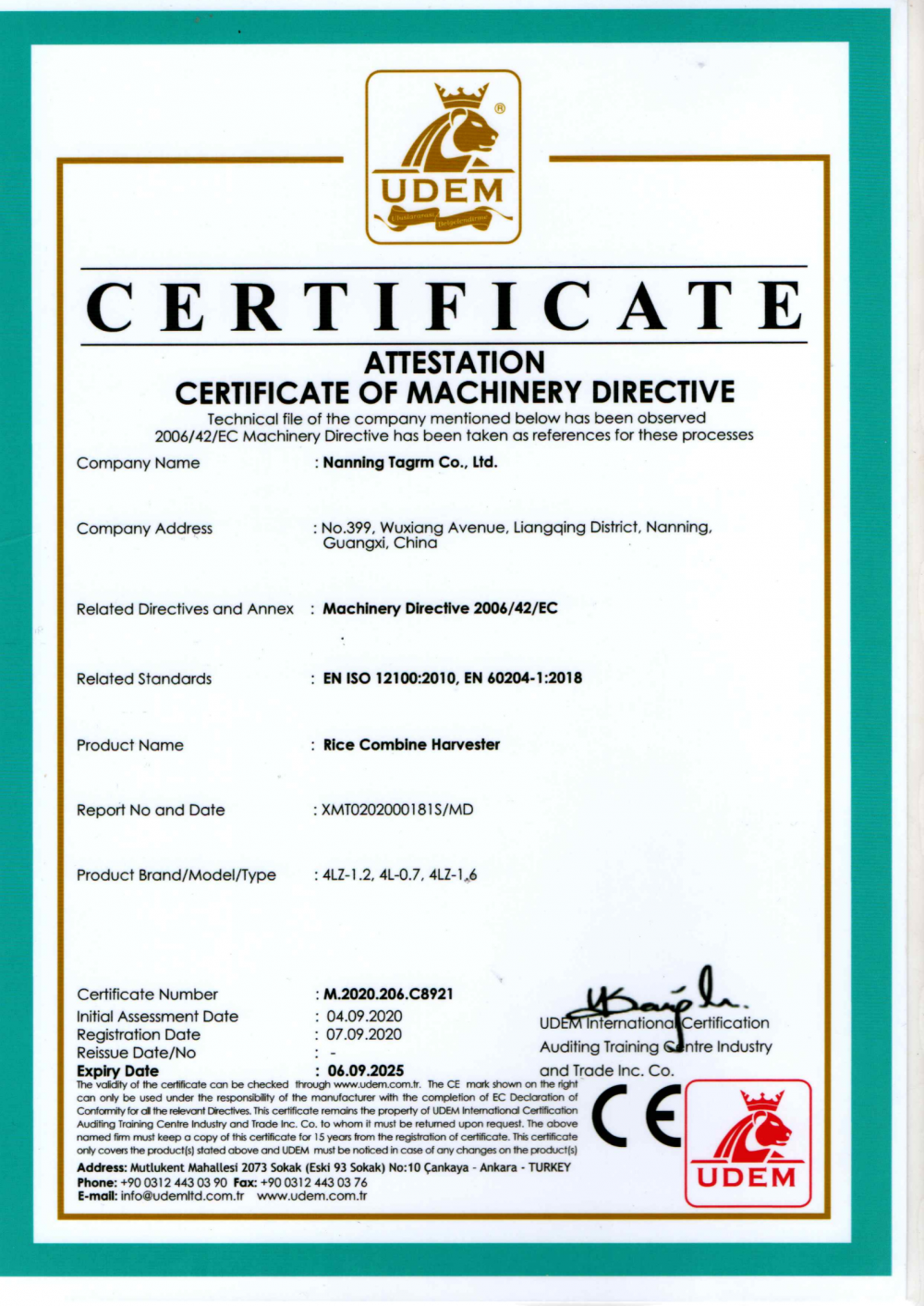 ATTESTATION CERTIFICATE OF MACHINERY DIRECTIVE