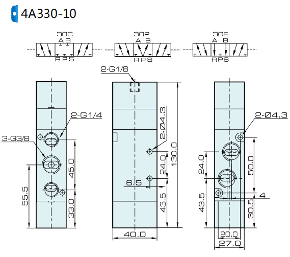 4A330C-10 4A330E-10 4A330P-10 Airtac Type 5/3 vanne pilote pneumatique à voies 0