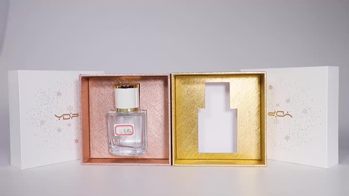 Caixa de embalagem de perfume com tampa branca superior e inferior