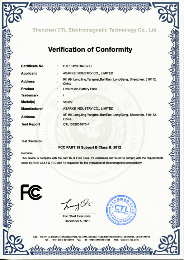 FCC PART 15 Subpart B Class B: 2012