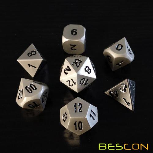 Bescon Heavy Duty Solid Metal Dice Set Nickle Finish, Metallic Polyhedral D&D RPG Game Dice 7pcs Set