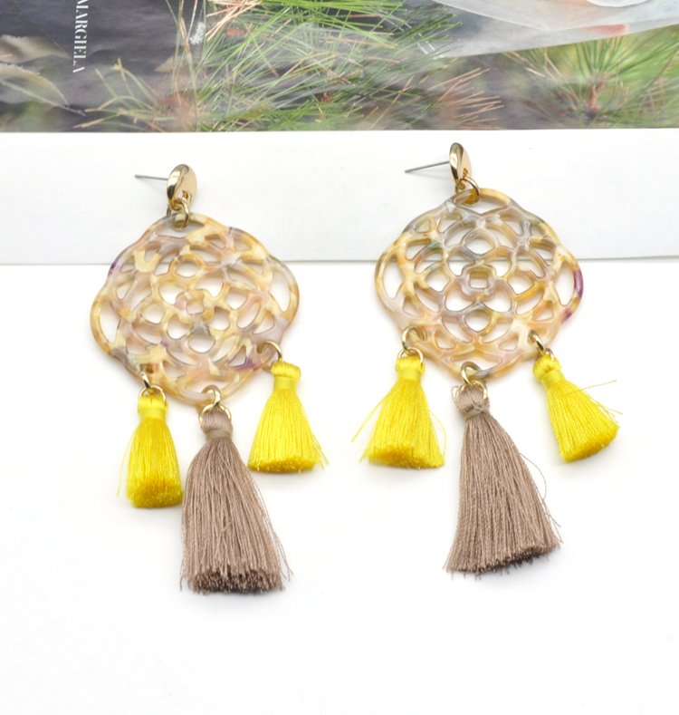 2021 unique laser carved pierced flower pattern colorful acetate chain tassel earrings