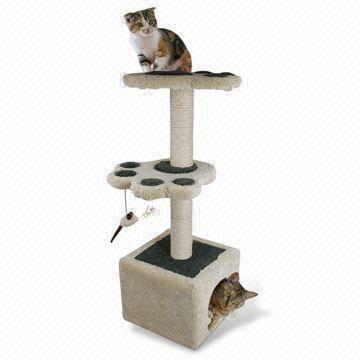 Gato Scratcher árvore, feita de tecido de carpete, decorado com folhas, disponíveis na cor cinza