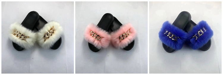 Manufacturers wholesale Artificial fox hair chain unisex EVA furry slides,fluffy slippers for women