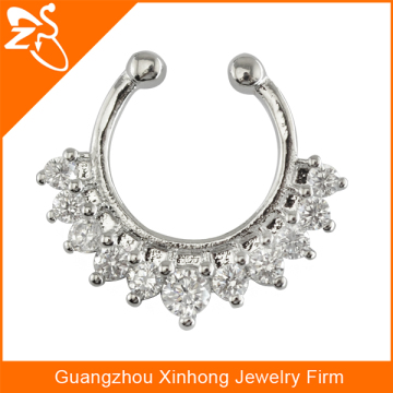 wholesale fake hoop nose ring, crystal brass faux septum, adjustable nose rings jewelry