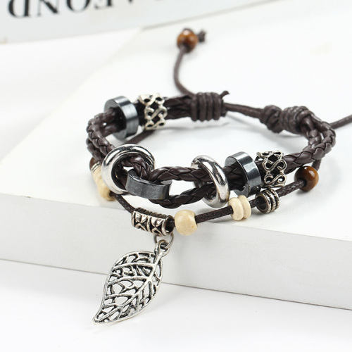 Làm bằng tay dệt kim lá dây da Bracelet người đàn ông