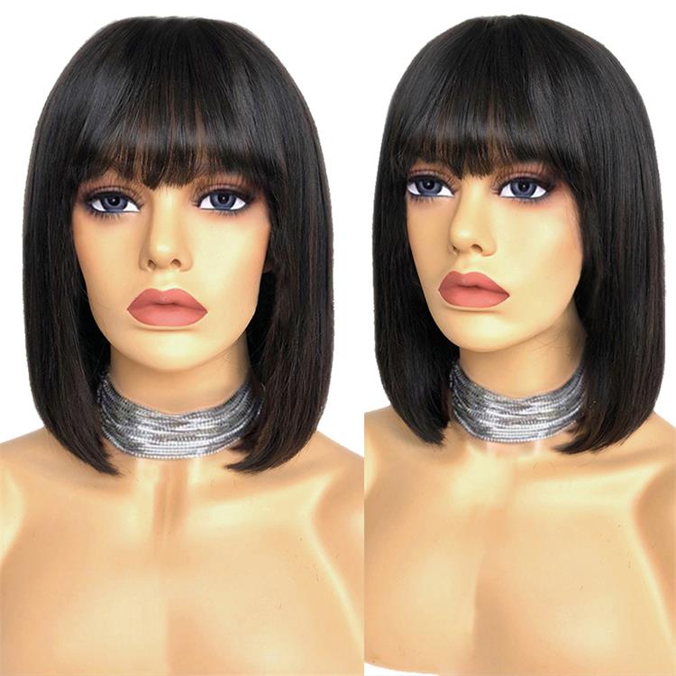 Wholesale Cheap short natural virgin hair bob cut Raw Indian human hair none lace wigs with bangs for black women