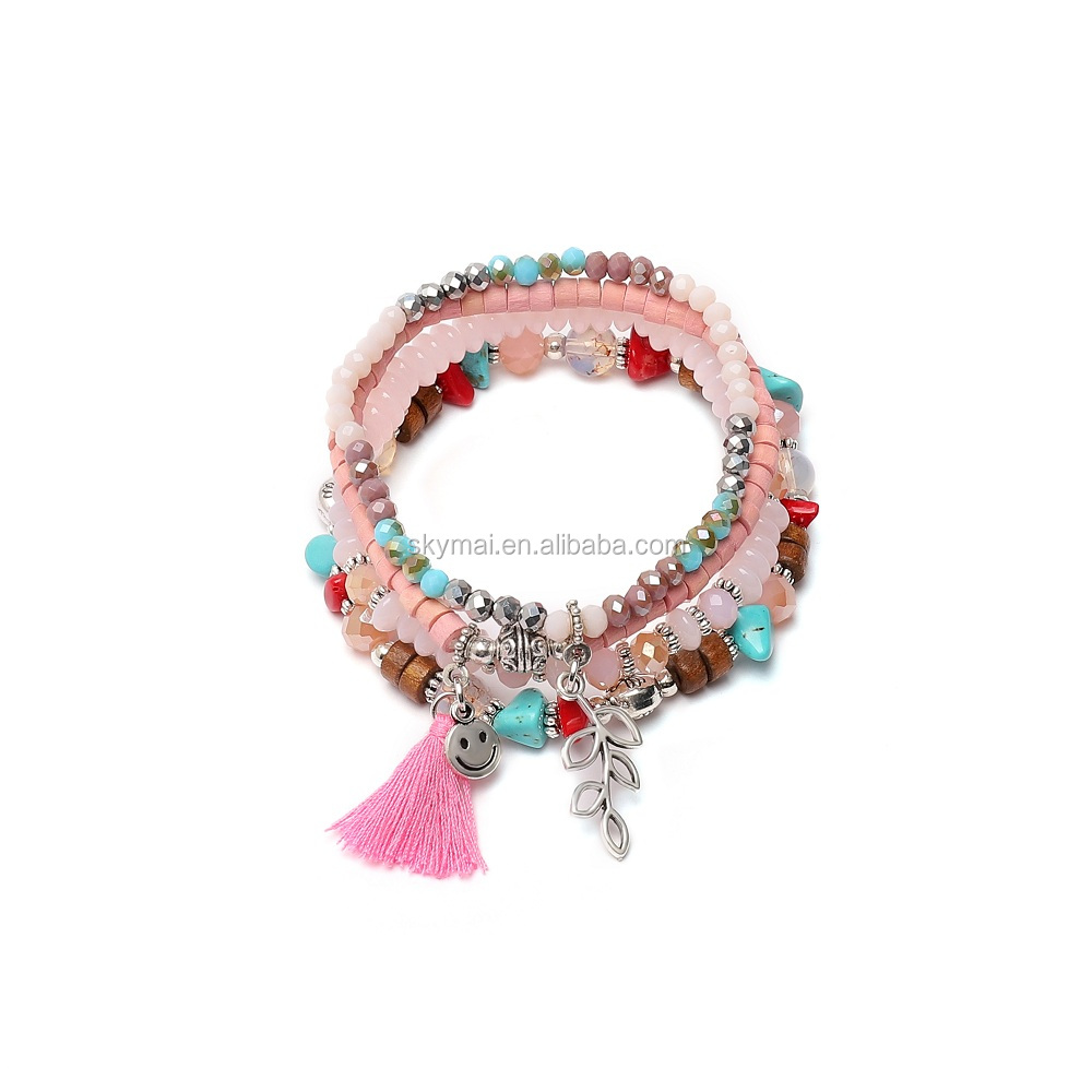 Bohemian multilayer bracelet set turquoise stone leaf pendant bracelet set for ladies