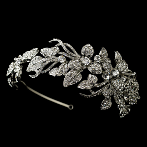 Antique Silver Clear Rhinestone Side Accented Flower Vine Headband Headpiece