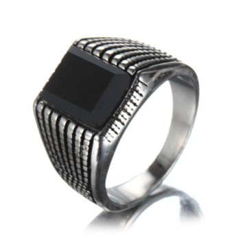 Antique Stainless Steel Men's Black Ring With Agate