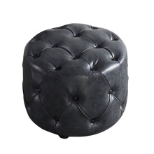 Modern Wood Stool with Black Leather Tufted Ottoman