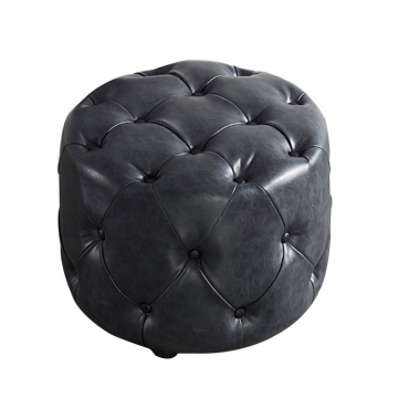 Modern Wood Stool with Black Leather Tufted Ottoman