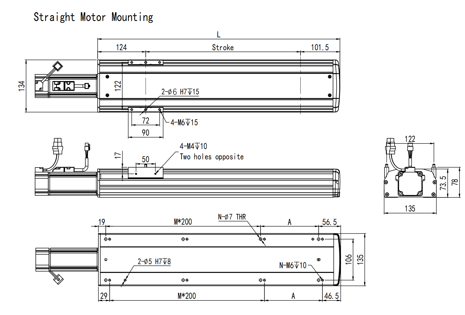 200mm linear module straight motor mounting
