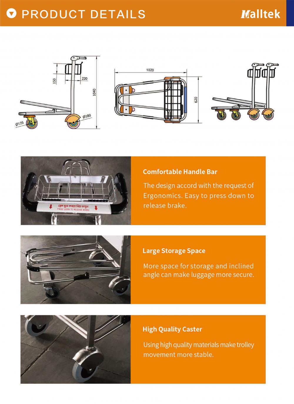 4 Wheels Stainless Steel Durable Airport Luggage Trolley