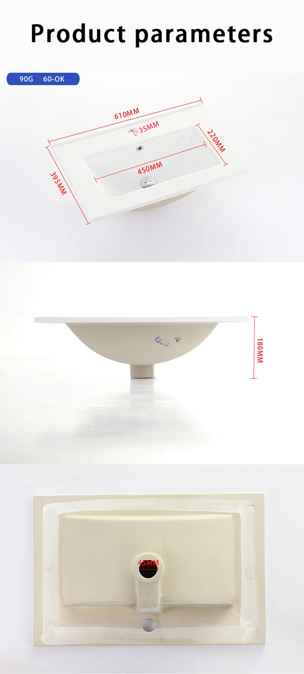 New Design High Quality Rectangular Thin Edge Ceramic Wash Basin