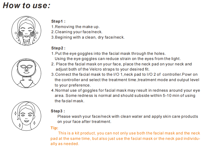 Red LED Light Therapy Facial Mask and Green Light Blue Color Purple LED Infrared Neck Pad for Cosmetic Application