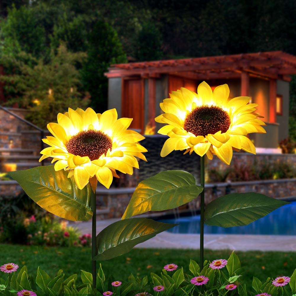 Estaca de decoração de jardim solar de girassol ao ar livre