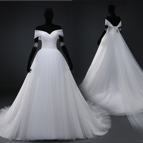 Real Photo White Flat Shouders Wedding dress Off Shoulder Tulle Puffy Dress Princess Ball Gown