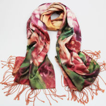 Fringy Silk Scarves Napping Stoles with Floral Digital Printing Surface Double Layers