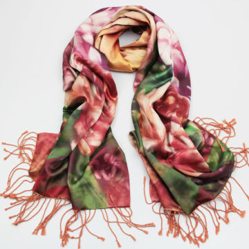 Fringy Silk Scarves Napping Stoles with Floral Digital Printing Surface Double Layers