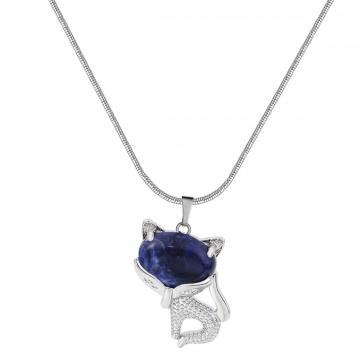 Sodalite Luck Fox Necklace for Women Men Healing Energy Crystal Amulet Animal Pendant Gemstone Jewelry Gifts