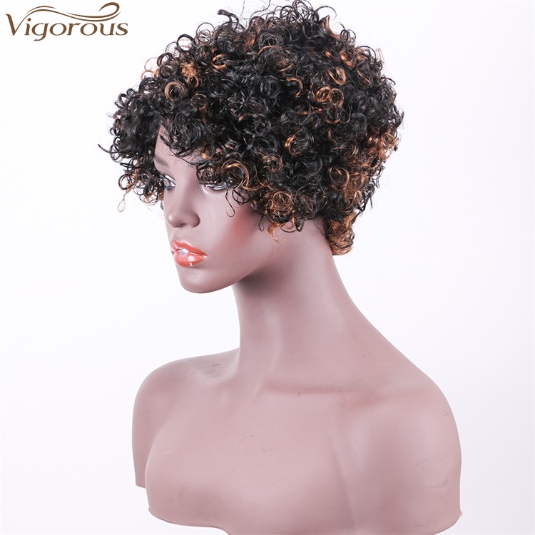 Vigorous Afro Kinky Curly Wigs for Black Women Black Mixed Brown Side Part Short Human Hair Wholesale Price