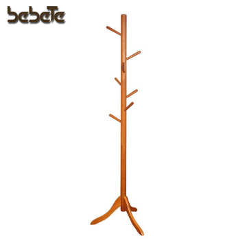 Standing Coat Rack Solid Bold Rubber Wood Hall Tree Coat Tree with Tripod Base 8 Hooks, Honey