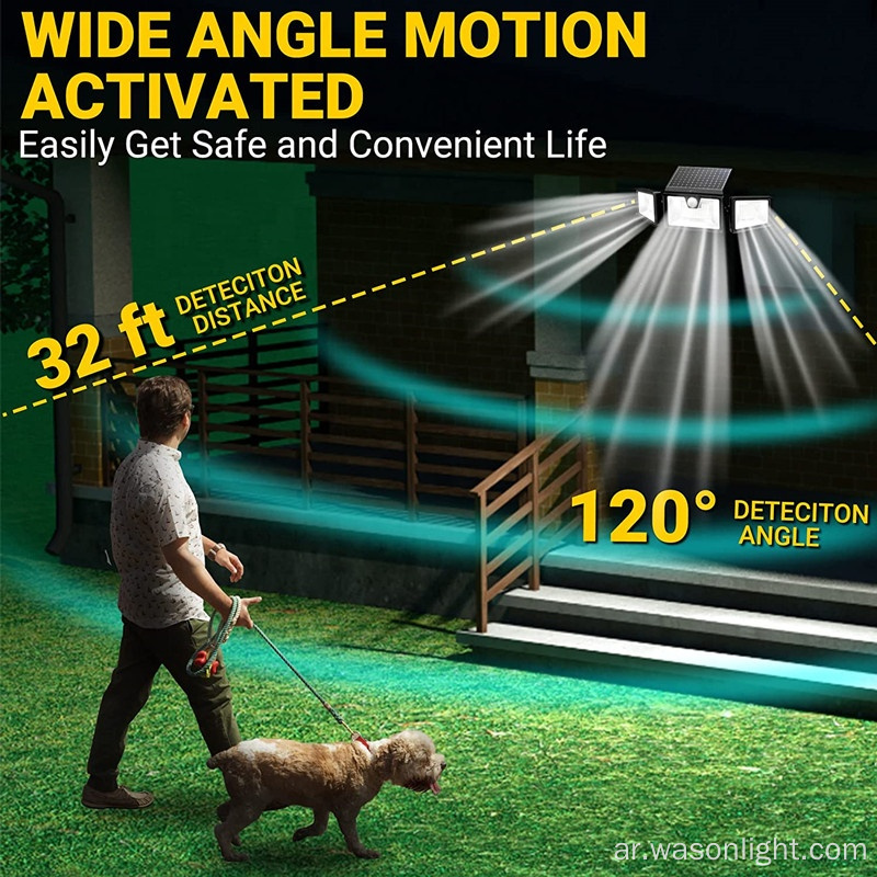 مخصص OEM 132LED مرنة قابلة للتعديل زاوية لاسلكية مستشعر الحركة في الهواء الطلق تنشيط مصباح الجدار الشمسي في الهواء الطلق