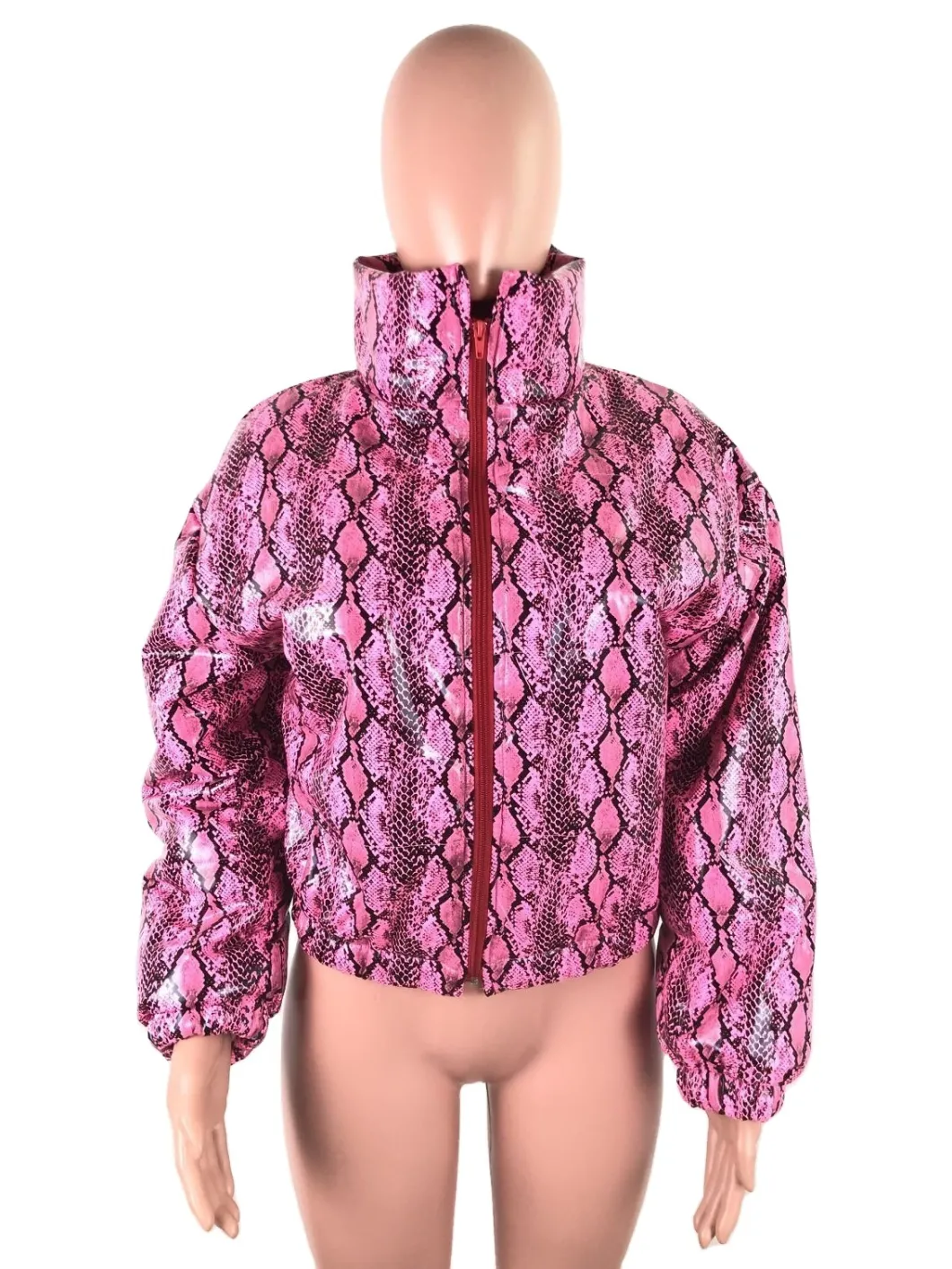 L99496 Latest Design Plus Size Casual Stand Collar Snake Print Cotton Jacket