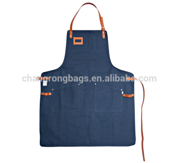 High quality cotton canvas apron with genuine leather trim, heavy canvas aprons for restaurant, wholesale aprons