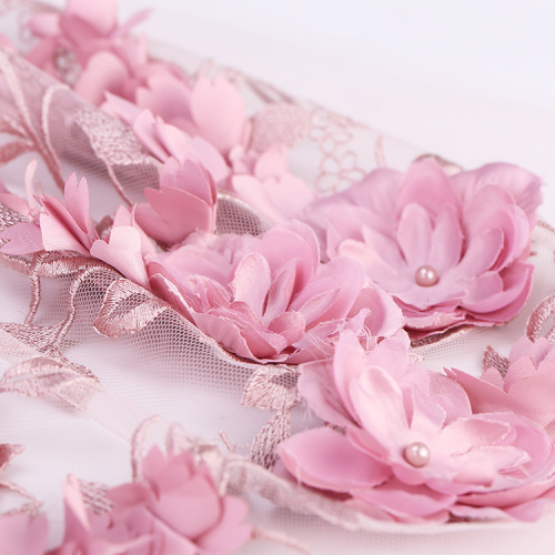 Roze 3D bloem kant borduurwerk stof