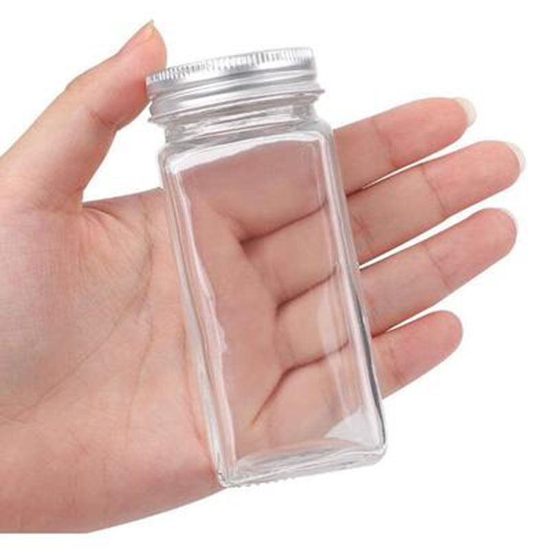 Durable Glass Spice Jars with Spice Labels, 4 Ounce Empty Square Spice Bottles - Shaker Lids and Airtight Metal Lids