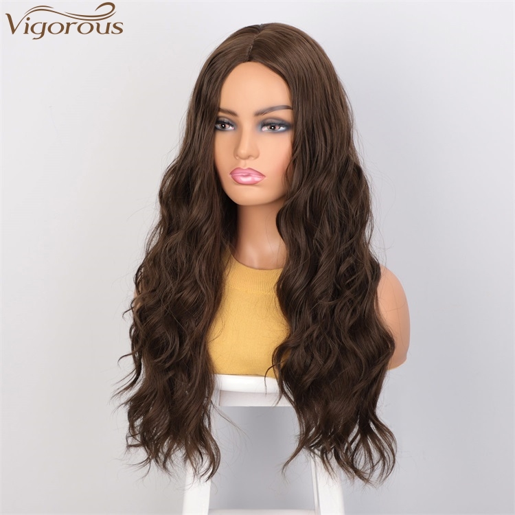 Vigorous High Temperature MediumBrown Long Wavy Wig Middle Part Synthetic Wigs For Black Women Wholesale Price