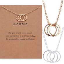 Good Karma Make A Wish Card: Stunning Gold and Silver Plated Charm, Three Rings Circle Pendant Necklace Jewelry for Women