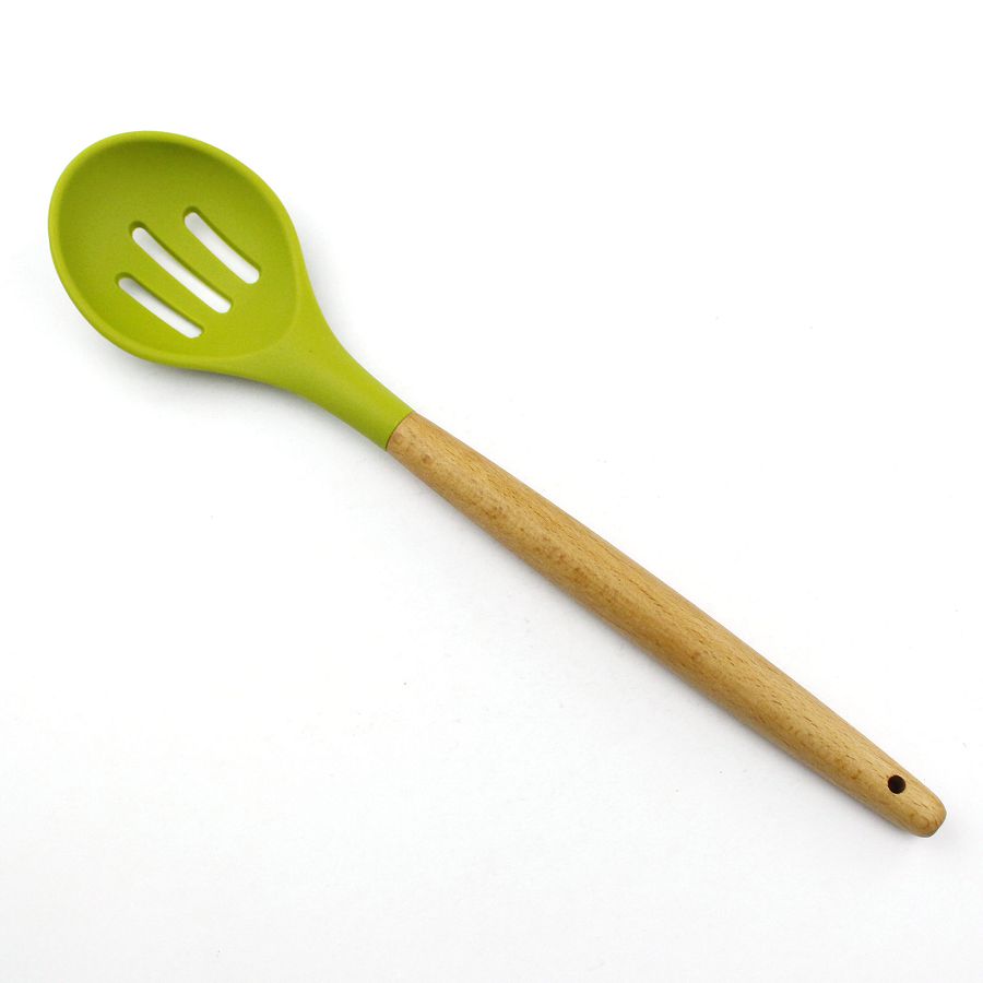 Cuillère Fendue Cuisine Silicone Poignée En Bois De Hêtre