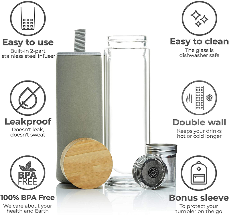 Custom Glass Bottle Water Crystal Clear 350ML Glass Tea Bottle with Bamboo Lid