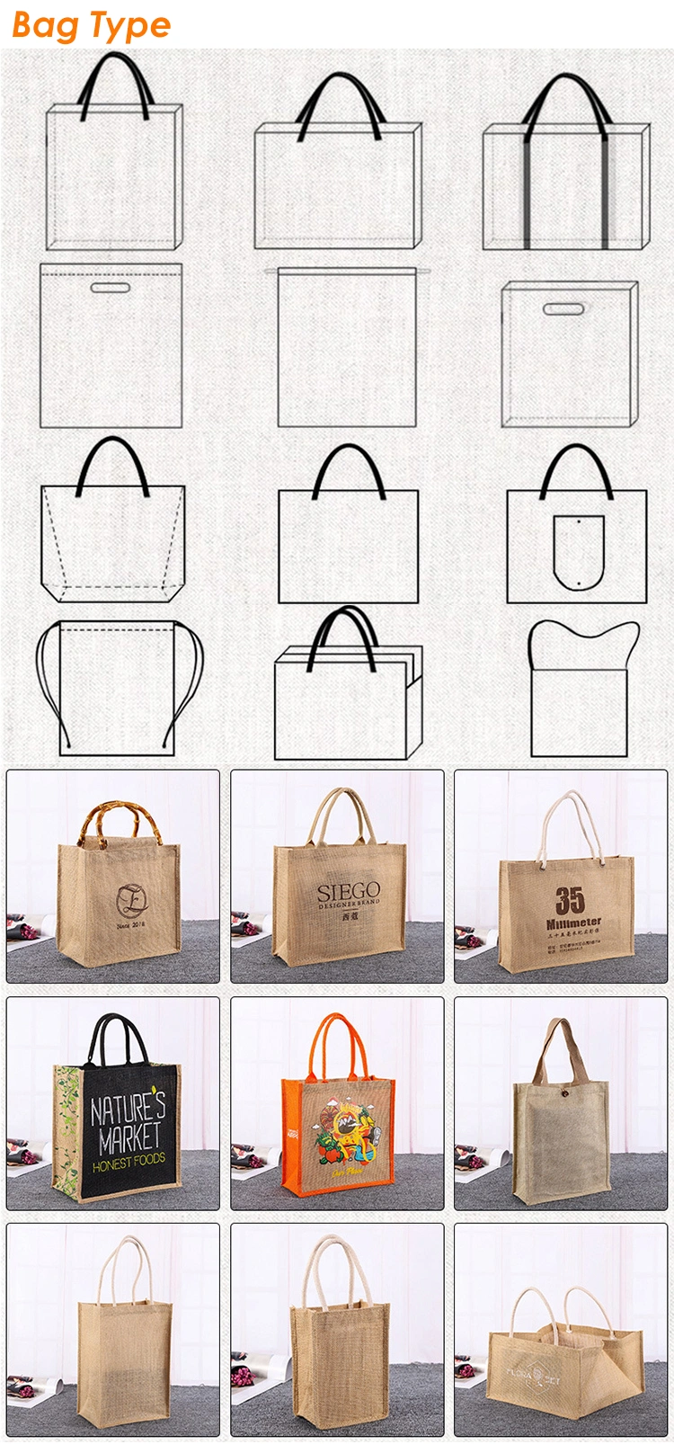 Promotional Custom Logo Silk-Screen Reusable Grocery Burlap Bag Jute Tote Shopping Bag with Cotton Ropes